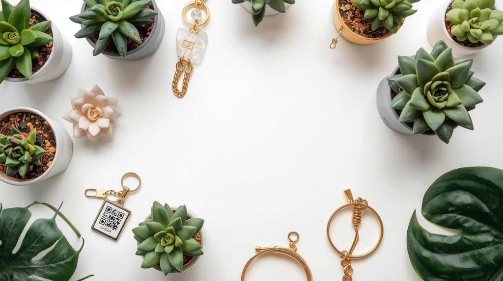 i am a content creator, i need a website blog page post image for mini indoor plants, stylish qr keychains,bracelets prepare neat and attractive post image take idea from attached file